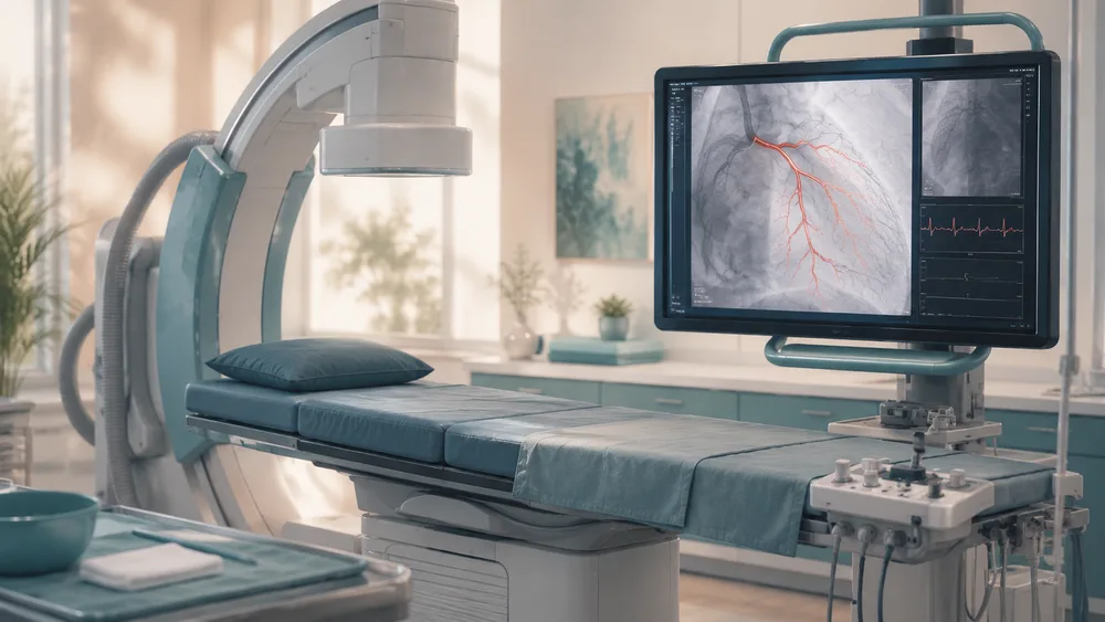 Sala de hemodinamia con angiógrafo y pantalla de coronariografía