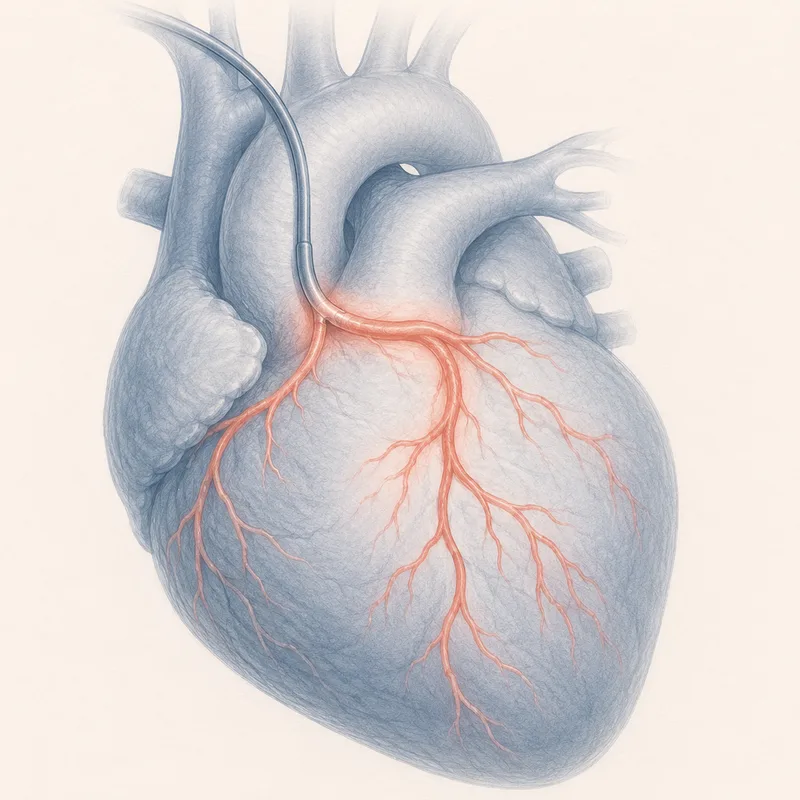Ilustración del corazón con un catéter llegando a las arterias coronarias