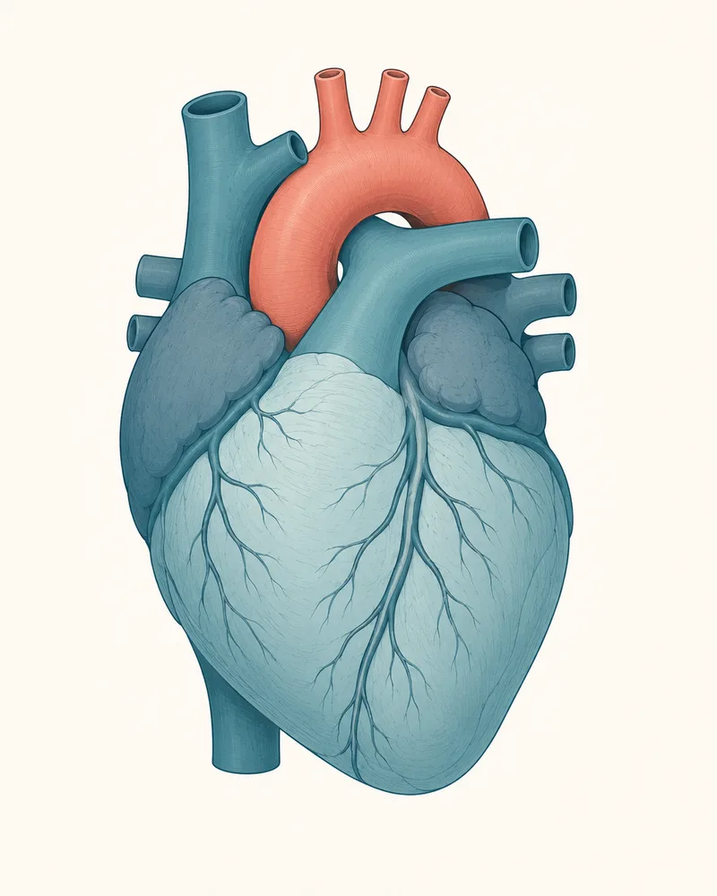 Ilustración editorial del corazón humano en tonos teal y coral